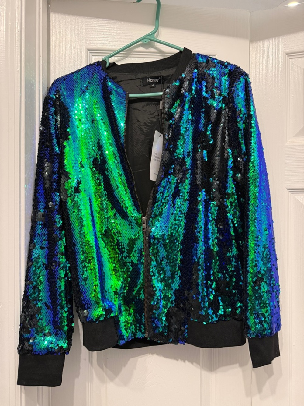 Sequin Bomber Jacket - Iridescent Blue-Green